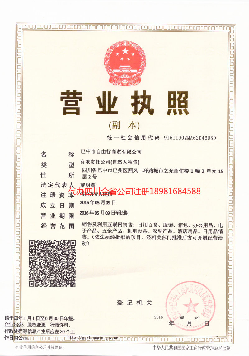 沙坪坝沙坪坝自由行商贸有限公司